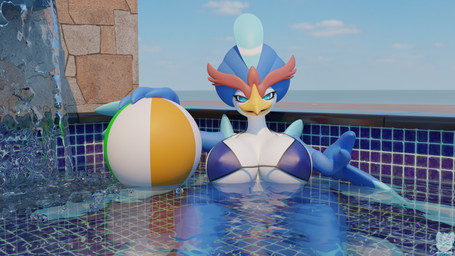 anthro ball beach_ball beak big_breasts bikini bikini_top blue_body blue_eyes blue_fur breasts clothing female fur inflatable looking_at_viewer open_mouth open_smile outside pool reaching_towards_viewer sitting smile solo swimwear two-piece_swimsuit water white_body white_fur roflfox_(artist) drharkness_(modeler) nintendo pokemon generation_9_pokemon pokemon_(species) quaquaval 16:9 2025 3d_(artwork) blender_(artwork) digital_media_(artwork) hi_res widescreen