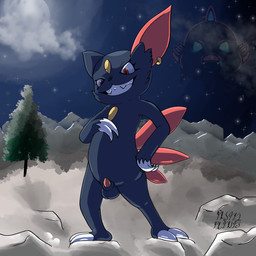 anthro balls blue_body blue_fur claws cocky ear_piercing feathers finger_claws fur genitals grin grinning_at_viewer half-erect hand_on_chest hand_on_hip looking_at_viewer male night penis penis_tip piercing red_body red_feathers smile smiling_at_viewer solo spread_legs spreading toe_claws pastelpaints nintendo pokemon generation_2_pokemon pokemon_(species) sneasel 1:1 2026 absurd_res digital_media_(artwork) hi_res