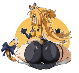 animal_ears big_butt biped blonde_hair bottomwear butt clothed clothing eyelashes female green_eyes hair huge_butt kneeling legband looking_at_viewer looking_back pupils simple_background smile thick_thighs thighband topwear yellow_clothing nuclearwasabi ju_fufu animal_humanoid felid felid_humanoid humanoid mammal mammal_humanoid pantherine pantherine_humanoid tiger_humanoid absurd_res hi_res
