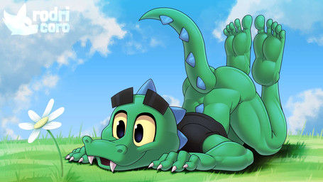 5_fingers 5_toes ambiguous_gender anthro barefoot bottomless claws clothed clothing eyebrows fangs feet fingers flower grass green_body outside plant solo tail teeth thick_eyebrows toes yellow_sclera elpeje crocodile crocodilian reptile scalie 16:9 hi_res widescreen