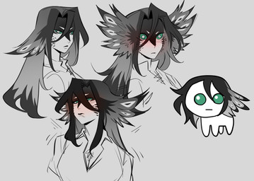 black_hair blush breasts cleavage clothed clothing embarrassed expressions feathers female green_eyes green_sclera grey_hair hair long_hair looking_at_viewer looking_away multicolored_hair multiple_poses neutral_expression pose shirt shocked simple_background solo topwear white_background glacierclear autism_creature oxford_(glacierclear) animal_humanoid avian avian_humanoid humanoid tbh_creature 2026 absurd_res bust_portrait hi_res portrait