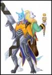 anthro bard black_border border clothed clothing duo flute fully_clothed gun male musical_instrument ranged_weapon simple_background weapon white_background wind_instrument woodwind_instrument zannah bandai_namco digimon league_of_legends riot_games tencent lucian orion_eisbaer raidy bear digimon_(species) mammal polar_bear raidramon ursine crossover