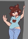 2021 5_fingers animal_humanoid bear bear_print blue_bottomwear blue_clothing blue_pants blue_shirt blue_t-shirt blue_topwear blush bottomwear breasts brown_ears brown_hair circle_eyebrows clothed clothed_female clothed_humanoid clothing derpyfox_36 digital_drawing_(artwork) digital_media_(artwork) eyebrows female female_humanoid fingers front_view grey_background hair humanoid light_body light_ears light_face light_skin mammal mammal_humanoid notched_ear open_mouth pajamas pants portrait round_ears shirt simple_background snowflake_print soda_(derpyfox_36) solo t-shirt thick_eyebrows three-quarter_portrait topwear ursid_humanoid