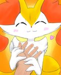 2020 3_fingers 5_fingers ambiguous_gender anthro arm_tuft big_ears blush braixen chest_tuft digital_media_(artwork) disembodied_hand duo eiroru eyes_closed fingers first_person_view fluffy fluffy_tail front_view fur generation_6_pokemon half-length_portrait hand_holding heart_symbol hi_res hip_tuft holding_object human human_pov inner_ear_fluff long_tail looking_at_viewer mammal multicolored_body multicolored_fur multicolored_tail nintendo pokemon pokemon_(species) portrait pov_hands semi-anthro shoulder_tuft simple_background smile tail tuft white_body white_fur