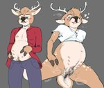 andromorph anthro antlers blush bottomless bottomwear clothed clothing denim denim_bottomwear denim_clothing genitals heart_symbol horn intersex jeans multi_nipple nipples pants pregnant pregnant_andromorph pregnant_anthro pregnant_intersex pussy solo thick_thighs wide_hips snofu gaius_baltar cervine deer mammal