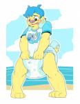 anthro beach blue_body blue_fur blue_hair blush clean_diaper clothed clothing clothing_pull diaper embarrassed fur hair male multicolored_body multicolored_fur outside seaside shirt shirt_pull solo topwear topwear_pull two_tone_body two_tone_fur wearing_diaper yellow_body yellow_fur bubblepuppers bubblegum_(bubblepuppers) canid canine canis domestic_dog mammal absurd_res hi_res