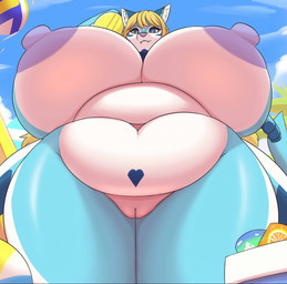 4_fingers anthro ball belly big_belly big_breasts big_nipples blonde_hair blue_body blue_eyes blue_fur breasts cloud day deep_navel female fingers fur genitals hair holding_object huge_belly huge_breasts hyper inner_ear_fluff innie_vulva looking_at_viewer low-angle_view multicolored_body multicolored_fur navel nipples outside overweight overweight_anthro overweight_female purple_nipples purple_nose solo tail thick_thighs tuft vulva white_inner_ear_fluff wide_hips hidenafox canid canine mammal shaded
