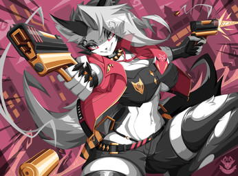 action_pose anthro belt bottomwear breasts bullet city city_background claws clothed clothing collar dual_wielding female fur gun hair handgun holding_gun holding_handgun holding_object holding_pistol holding_ranged_weapon holding_weapon jacket legwear motion_lines necktie pistol pose ranged_weapon red_sclera solo stockings tail teeth topwear torn_clothing torn_legwear torn_stockings weapon white_body white_fur krampuscorner hellaverse helluva_boss mythology loona_(helluva_boss) canid canid_demon canine canis demon hellhound mammal mythological_canine mythological_creature absurd_res digital_media_(artwork) hi_res