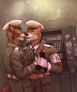 1970s_theme after_kiss anthro armband belt bodily_fluids clothing duo electronics graffiti hat headgear headwear holding_object holding_phone kissing male male/male necktie payphone peaked_cap phone phone_booth saliva saliva_string traffic_police uniform nakamudra canid canine canis mammal wolf hi_res