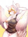 anthro bottomless breasts canid canine canis celeste_falore_(peachicake) clothed clothing dk- exercise feathered_wings feathers female fur genitals gradient_background hi_res looking_at_viewer mammal nipple_slip nipples off_shoulder pussy simple_background smile solo white_body white_fur wings wolf yellow_eyes