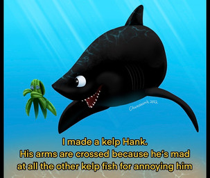 black_body black_eyes black_fin blue_background dorsal_fin duo feral fin kelp male shark_teeth simple_background underwater water chainsxwsmile aquatic cephalopod coleoid fish giant_pacific_octopus mollusk octopodiform octopus shark 2022 watermark