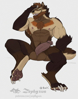 anthro beard big_penis biped black_body black_fur bodily_fluids brown_beard brown_body brown_facial_hair brown_fur brown_hair claws digitigrade dripping erection facial_hair facial_piercing fangs finger_claws fur genital_fluids genitals glans green_eyes hair humanoid_genitalia humanoid_penis male male_anthro multicolored_body multicolored_fur muscular muscular_anthro muscular_male nipples nose_piercing nose_ring nude nude_anthro nude_male pawpads paws penis piercing precum precum_drip ring_piercing septum_piercing septum_ring simple_background sitting solo tan_body tan_fur teeth toe_claws white_background zephyxus mythology canid canine mammal mythological_canine mythological_creature werecanid werecanine werecreature werewolf 2026 digital_media_(artwork)