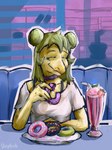 absurd_res anthro arms_bent artist_name beverage biped breasts choker clothed clothed_anthro clothed_female clothing colored dessert detailed_background diner dinosaur doughnut drinking_straw eating elbow_on_table eyebrows eyes_closed female first_person_view food front_view fruit furniture goodbye_volcano_high green_body green_hair green_scales hair hair_buns happy hi_res inside jewelry long_hair milkshake necklace non-mammal_breasts ornithischian pastry plant plate prehistoric_species reptile restaurant scales scalie sheglech shirt sitting smile solo stegosaurian stegosaurus stella_(gvh_beta) strawberry t-shirt table thyreophoran topwear white_clothing white_shirt white_t-shirt white_topwear