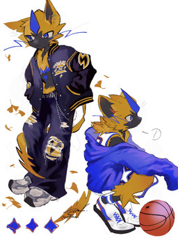 1_horn anthro baseball biped black_body black_bottomwear black_clothing black_fur black_jacket black_pants black_topwear blue_clothing blue_eyes blue_hoodie blue_horn blue_topwear bottomwear clothing ear_piercing ear_ring earhole footwear fur hoodie horn jacket kemono male pants piercing ring_piercing shoes simple_background slim_anthro slim_male solo text topwear torn_bottomwear torn_clothing torn_pants white_background yellow_body yellow_fur hakunu nintendo pokemon generation_7_pokemon legendary_pokemon pokemon_(species) zeraora 2025 absurd_res english_text hi_res