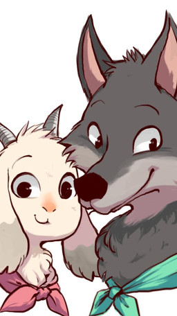 ambiguous_gender duo fur grey_body grey_fur happy looking_at_viewer predator/prey simple_background size_difference smile white_background white_body white_fur unknown_artist one_stormy_night gabu mei_(one_stormy_night) bovid canid canine canis caprine goat mammal wolf digital_media_(artwork) source_request