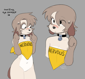 ambiguous_gender anthro band-aid band-aid_on_face band-aid_on_nose bandage bandage_on_face bandage_on_nose belly bodily_fluids clothing collar collarbone eye_through_hair featureless_crotch floppy_ears freckles hair legwear looking_away multicolored_body navel nervous no_genitals shy solo sweat sweatdrop tail tan_body text thigh_highs topwear translucent translucent_hair cloud_teeth fan_character canid canine canis mammal english_text meme signature