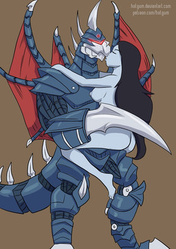 1_eye armor beak black_body black_hair black_skin blade blue_body blue_skin breasts butt duo female grey_body grey_skin hair hug interspecies kissing larger_male long_hair love machine male male/female mandibles metal nipples nude red_eyes romantic romantic_couple size_difference smaller_female spikes text wide_hips wings hotgum adventure_time cartoon_network godzilla_(series) toho gigan marceline_abadeer alien humanoid robot vampire url