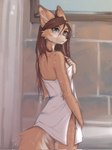 5_fingers anthro blush brown_body brown_fur brown_hair brown_tail butt countershade_torso countershading female fingers fur green_eyes hair inner_ear_fluff inside looking_back rear_view solo standing tail towel tuft wet wet_body wet_hair yshanii cotton_(yshanii) canid canine canis dingo mammal 2025 digital_media_(artwork) hi_res