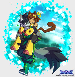 anthro carrying_another carrying_partner female flying love male male/female portal romantic romantic_couple raikoukitsune gameoverse glitch_productions kit_bodega rakurai_senku_(raikoukitsune) canid canine domestic_cat felid feline felis fox mammal storm_kitsune absurd_res hi_res