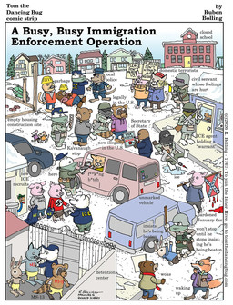 accessory anthro armor arrested arresting barefoot beanie black_text blue_bottomwear blue_clothing blue_pants body_writing bottomwear brown_body brown_fur brown_skin camo camo_bottomwear camo_clothing camo_jacket camo_pants camo_print censored_text clothing concentration_camp confederate_flag confederate_states_of_america copyright_symbol discrimination door driving driving_car feet frown fur green_clothing green_hat green_headwear grey_body grey_fur groceries gun hands_behind_back hard_hat hat headgear headwear helmet hiding holding_groceries holding_gun holding_object holding_ranged_weapon holding_rifle holding_weapon homage hoodie humor imminent_death kidnapping medium_truck necktie neighborhood orange_body orange_clothing orange_fur orange_hoodie orange_topwear pants parody pattern_bottomwear pattern_clothing pattern_pants pepper_spray pig_cop pink_body pink_skin pointing_gun_at_another police police_brutality police_officer police_uniform political_cartoon politics protest_art protest_sign protester pun ranged_weapon red_beanie red_clothing red_hat red_headwear red_necktie rifle satire school size_difference slipping slipping_on_ice smile snow style_emulation swastika symbol text topwear truck uniform van vehicle visual_pun waking_up weapon white_body white_fur winter yellow_door ruben_bolling the_busy_world_of_richard_scarry tom_the_dancing_bug u.s._department_of_homeland_security u.s._immigration_and_customs_enforcement lowly_worm bear brown_bear canid canine canis domestic_dog domestic_pig eulipotyphlan fox lagomorph leporid mammal mole_(animal) mouse murid murine polar_bear procyonid rabbit raccoon rodent suid suine sus_(pig) ursine worm 2026 colored dated english_description english_text german_text hi_res signature traditional_media_(artwork) translated