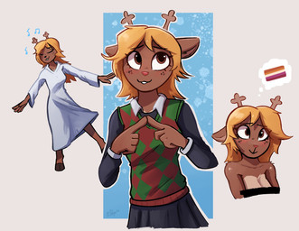 anthro antlers biped blonde_hair blush blush_lines bottomwear breasts clothed clothed_anthro clothed_female clothing countershade_torso countershading eyelashes female fingers freckled_face freckles front_view fully_clothed fully_clothed_anthro fully_clothed_female fur hair hooves horn long_eyelashes looking_at_viewer nude nude_anthro nude_female orange_lesbian_pride_colors simple_background smile solo standing teeth topwear enginetrap deltarune undertale_(series) noelle_holiday deer mammal new_world_deer reindeer 2026 digital_drawing_(artwork) digital_media_(artwork) hi_res