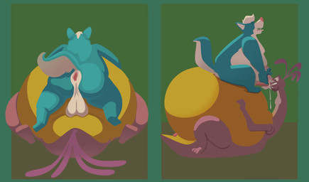 anthro anus balls bodily_fluids cum cum_in_mouth cum_inflation cum_inside duo female genital_fluids genitals inflation male male/female penis don_bluth the_land_before_time doofah_(the_land_before_time) beipiaosaurus dinosaur prehistoric_species reptile saurischian scalie therizinosaurid theropod absurd_res hi_res