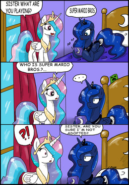 ! ? bed blue_eyes ciriliko comic creeper crown equine eye_contact female feral friendship_is_magic hair horn horse minecraft multi-colored_hair my_little_pony nintendo nintendo_ds open_mouth pony princess princess_celestia_(mlp) princess_luna_(mlp) royalty sibling video_games winged_unicorn wings
Rating: Safe
Score: 7
User: Robinebra
Date: November 07, 2013