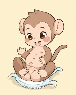 anthro balls blush butt clothing diaper fur genitals long_tail male neonate nipples nude open_diaper open_mouth penis shota smile solo tail teeth tuft young young_anthro churoe haplorhine mammal monkey primate