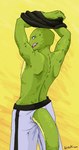 anthro clothed clothing clothing_lift looking_back male shirt shirt_lift shirtless_male smile smirk solo topwear nikitomate lizard reptile scalie 9:17 hi_res