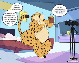 anthro bed camera dialogue electronics furniture greeting livestream male overweight pawpads paws solo speaker speech_bubble television text thewilldpink disney zootopia benjamin_clawhauser cheetah felid feline mammal 5:4 english_text