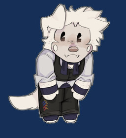 albino anthro ascot chibi clothing collared_shirt cummerbund dress_pants dress_shirt flesh_fang freckles fur male markings mole_(marking) pie_cut_eyes pink_eyes pink_nose shirt solo topwear vest white_body white_fur worried wristband cerberussenn louie_sweeto_(cerberussenn) canid canine canis mammal wolf absurd_res alpha_channel hi_res