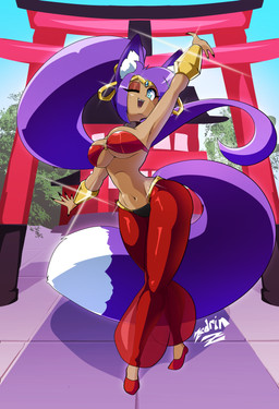 big_breasts blue_eyes bottomwear bra bracelet breasts cleavage clothed clothing dark_body dark_skin day eyelashes female footwear glistening glistening_clothing hair jewelry long_hair navel o-ring o-ring_top one_eye_closed open_mouth outside pants purple_hair red_bottomwear red_bra red_clothing red_footwear red_pants red_underwear sky smile solo standing torii under_boob underwear wide_hips wink zedrin shantae_(series) wayforward shantae animal_humanoid canid canid_humanoid canine canine_humanoid fox_humanoid humanoid mammal mammal_humanoid full-length_portrait hi_res portrait