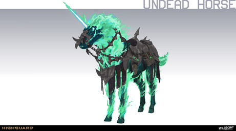 ambiguous_feral ambiguous_gender armor black_armor blue_body blue_hooves blue_skin blue_teeth book butt chain clothed clothed_ambiguous clothed_feral clothing colored_fire company_name dagger feral fire flaming_hair flaming_mane flaming_tail glowing glowing_horn gradient_background green_fire green_mane green_tail hooves horn light long_horn mane melee_weapon mouth_closed multicolored_body multicolored_tail pseudo_hair pseudo_mane quadruped reins saddle sheathed_dagger short_mane simple_background solo standing tail teeth text three-quarter_view unguligrade weapon white_eyes white_horn nicholas_patrick_kelana highguard_(game) mythology equid equine hybrid mammal mythological_creature mythological_equine undead unicorn 2026 absurd_res colored concept_art digital_drawing_(artwork) digital_media_(artwork) english_description english_text hi_res lighting official_art shaded