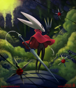 2_horns anthro black_body black_eyes cloak clothing female holding_melee_weapon holding_object holding_sword holding_weapon horn melee_weapon outside plant red_clothing solo standing sword text weapon lichfang hollow_knight:_silksong hollow_knight_(franchise) team_cherry hornet_(hollow_knight) arthropod insect 2026 dated digital_media_(artwork) english_text hi_res