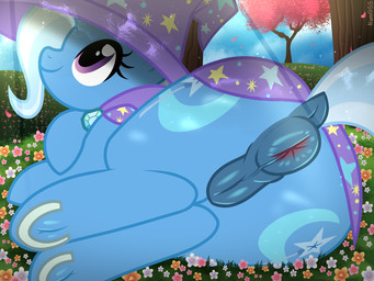 1_horn animal_genitalia animal_vulva anus blue_anus blue_body blue_fur blue_horn blue_mane blue_tail butt cape closed_smile clothed clothed_feral clothing cloud cutie_mark day detailed_background equine_genitalia equine_vulva eyelashes female female_feral feral flower fur genitals glistening glistening_anus glistening_eyes glistening_genitalia glistening_vulva grass hat headgear headwear hooves horn legs_together light looking_up lying mane mouth_closed on_grass on_ground on_side outside pattern_cape pattern_clothing pattern_hat pattern_headgear pattern_headwear plant print_cape print_clothing print_hat print_headgear print_headwear puffy_anus purple_cape purple_clothing purple_eyes purple_hat purple_headwear quadruped rear_view sky smile solo sunlight tail text tree underhoof vulva wizard_hat nami955 friendship_is_magic hasbro my_little_pony mythology trixie_(mlp) equid equine mammal mythological_creature mythological_equine unicorn 2026 4:3 artist_name digital_drawing_(artwork) digital_media_(artwork) hi_res