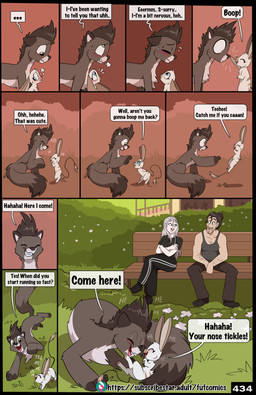 anthro black_body black_fur black_nose blue_eyes blush dialogue eyes_closed female fingerless_(marking) fur grass group male male/female plant shrub sitting text yellow_eyes fuf carlos_(fuf) flint_(fuf) szvilvia tesla_(fuf) bandicoot human mammal marsupial mustelid musteline true_musteline weasel absurd_res comic english_text hi_res