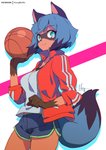 5_fingers anthro ball basketball_(ball) black_body black_fur black_hair black_nose blue_body blue_eyes blue_hair bottomwear brand_new_animal breasts brown_body brown_fur canid canine clothed clothing female fingers fluffy fluffy_tail fur hair holding_object hong_(white_spider) hongbsws jacket looking_at_viewer mammal michiru_kagemori multicolored_body multicolored_eyes multicolored_fur multicolored_hair pink_eyes portrait raccoon_dog short_hair shorts solo studio_trigger tail tanuki three-quarter_portrait topwear translucent translucent_hair