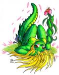 anthro blonde_hair female flower green_body hair looking_at_viewer lying nude on_back outside petals plant red_eyes scales solo ventral_scales vines avencri cela crocodile crocodilian reptile scalie colored_pencil_(artwork) portrait three-quarter_portrait traditional_media_(artwork)