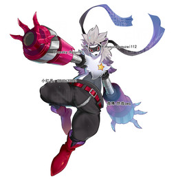 anthro arm_cannon belt bottomwear clothing cybernetic_arm cybernetic_limb female footwear fur grey_body grey_fur grey_hair hair logo mask mechanical_arm pants shoes solo star text thick_thighs white_body white_fur wide_hips zipper youzaiyouzai112 bandai_namco digimon digimon_(species) wolvermon 2026 artist_logo artist_name digital_media_(artwork) hi_res