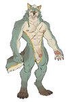 abs anthro balls biceps biped claws fangs flaccid fur genitals green_body green_fur humanoid_genitalia humanoid_penis looking_at_viewer male muscular muscular_anthro muscular_male nipples nude pawpads paws pecs penis scar simple_background solo standing tail teeth toe_claws tuft white_background white_body white_fur rossciaco mythology canid canine canis mammal mythological_canine mythological_creature werecanid werecanine werecreature werewolf wolf hi_res