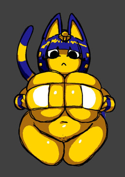:< anthro bangs belly big_pupils bikini bikini_top bikini_top_only blue_ears blue_hair bob_cut bottomless bottomless_anthro bottomless_female clothed clothing eye_patch_bikini female female_anthro front_view grey_background hair markings mouth_closed navel noseless overweight overweight_anthro overweight_female pubic_stubble pupils ring_(marking) ringed_tail shortstack shortstack_female simple_background solo striped_markings striped_tail stripes swimwear tail tail_markings topwear topwear_only two-piece_swimsuit uraeus white_bikini white_clothing white_sclera white_swimwear wide_hipped_anthro wide_hipped_female wide_hips yellow_inner_ear nsfwoaf animal_crossing nintendo ankha_(animal_crossing) domestic_cat felid feline felis mammal 2025 portrait three-quarter_portrait