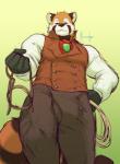 anthro bdsm big_bulge bridle bulge button_(fastener) clothed clothing collar dominant fur gem holding_object jewelry looking_at_viewer looking_down low-angle_view male muscular muscular_anthro muscular_male necklace offering_collar rope smile solo standing tail meesh partran_(red_panda) ailurid mammal red_panda digital_media_(artwork) hi_res