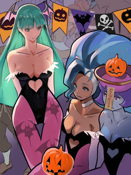 bat_wings bodily_fluids breasts cleavage clothed clothing female fur green_eyes green_hair group hair head_wings holidays jack-o'-lantern membrane_(anatomy) membranous_wings purple_hair sweat sweatdrop trio uncomfortable unusual_wing_placement white_body white_fur wings meke asian_mythology capcom chinese_mythology darkstalkers east_asian_mythology halloween mythology felicia_(darkstalkers) hsien-ko_(darkstalkers) morrigan_aensland animal_humanoid bat bat_humanoid cat_humanoid felid felid_humanoid feline feline_humanoid felis humanoid jiangshi mammal mammal_humanoid succubus undead 3:4