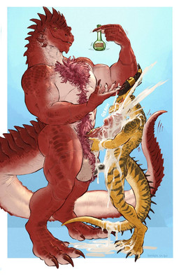anthro balls bodily_fluids body_hair chest_hair cum cum_in_mouth cum_inside cum_on_body cum_on_face cumshot cumshot_in_mouth digitigrade duo ejaculation erection foreskin genital_fluids genitals glans male male/male muscular muscular_male penis red_body simple_background size_difference standing tail banana_da_boi zartersus scalie hi_res