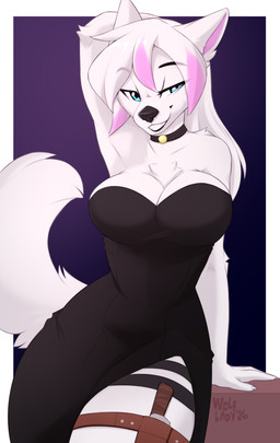 anthro biped blue_eyes border breasts claws clenched_teeth clothed clothed_anthro clothed_female clothing dress female finger_claws fingers front_view fur hair knife looking_at_viewer simple_background smile solo standing tail teeth white_body white_border white_fur white_hair white_tail wolflady canid canine canis mammal wolf 2026 digital_drawing_(artwork) digital_media_(artwork)