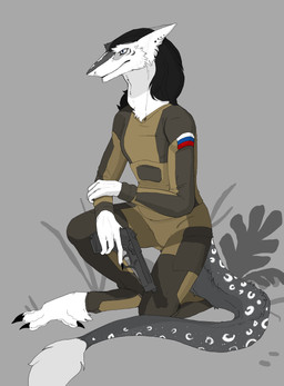 4_fingers anthro black_hair blue_eyes clothed clothing digitigrade fingers fully_clothed fur grey_body grey_fur gun hair handgun kneeling looking_away looking_forward male pistol ranged_weapon russian_flag simple_background solo tail uniform weapon white_body white_fur emil-gee davian_tul mammal sergal hi_res