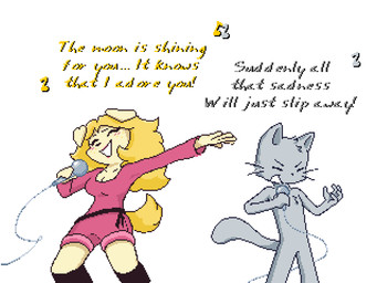 blonde_hair blush blush_lines clothing electronics eyebrows eyes_closed female floppy_ears fur gesture grey_body grey_fur hair hand_gesture lipstick long_hair makeup male microphone nude singing smile tail tan_body tan_fur text whiskers unknown_artist bittersweet_candy_bowl fan_character mike_(bcb) canid canine canis felid feline felis mammal 4:3 digital_media_(artwork) english_text pixel_(artwork) tagme