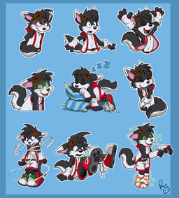 4_fingers anthro arms_above_head belt belt_buckle bent_legs black_body black_fur black_hair black_nose blue_background blush blush_lines body_control bottomwear bound brown_belt buckle chest_tuft clasped_hands clothed clothing confusion crossed_legs cursed_object ears_down ears_up embarrassed eyes_closed eyewear eyewear_on_head facial_tuft fangs fingerless_gloves fingers footprint footwear fur gloves glowing glowing_eyes goggles goggles_on_head green_eyes group hair handwear happy hypnosis hypnotic_clothing hypnotic_eyes laying_on_pillow legs_up legwear logo looking_at_viewer lying magic male mind_control multicolored_body multicolored_fur navel on_front open_clothing open_mouth pattern_clothing pattern_footwear pattern_legwear pattern_socks pawprint pillow pink_inner_ear pivoted_ears purple_clothing purple_footwear purple_socks raised_arms red_bottomwear red_clothing red_shorts red_topwear red_vest scared shocked shoe_soles shoelaces shoelaces_untied shoes shorts shy simple_background sitting sitting_on_ground sleeping smile socks sound_effects spiral spiral_eyes standing star sticker_pack striped_clothing striped_footwear striped_legwear striped_socks stripes teeth teeth_showing telegram_sticker topwear tuft two_tone_body two_tone_fur two_tone_tail vest vowelless vowelless_sound_effect white_body white_bottomwear white_clothing white_footwear white_fur white_shorts white_socks white_tipped_ears white_topwear white_vest yellow_clothing yellow_footwear yellow_socks young young_anthro young_male zzz pandapaco crisp_the_wolf animate_inanimate canid canine canis mammal wolf artist_logo half-length_portrait hi_res portrait signature