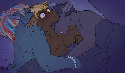 alternate_universe anthro bed bedding blanket blush feathers furniture group male male/male sleeping surprised trio wings lopoddity hasbro my_little_pony pandoraverse_(lopoddity) aerostorm_(lopoddity) bruce_(lopoddity) fan_character zipperflash_(lopoddity) equid mammal 2018 hi_res source_request story story_in_description unavailable_at_source trans_(lore) trans_man_(lore)
