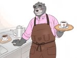 anthro apron beverage black_body black_fur clothing coffee cute_fangs eyewear fangs fur glasses humanoid_hands kemono male overweight overweight_anthro overweight_male shirt solo teeth topwear ryuta-h bear mammal 2016